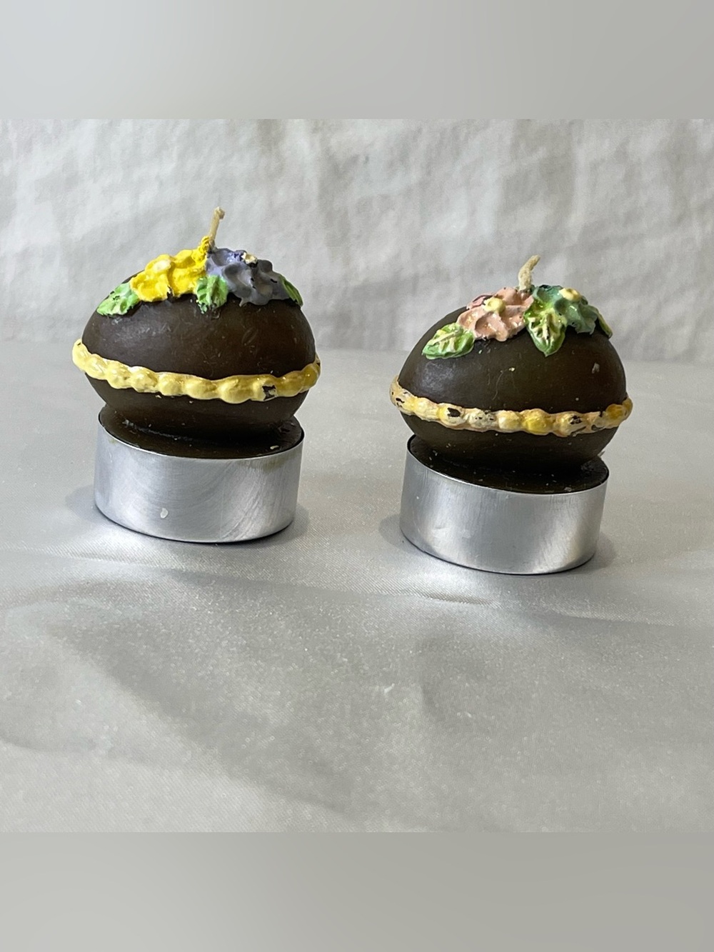 Vintage decorative wax Easter egg tea candles look like frosted chocolate candy